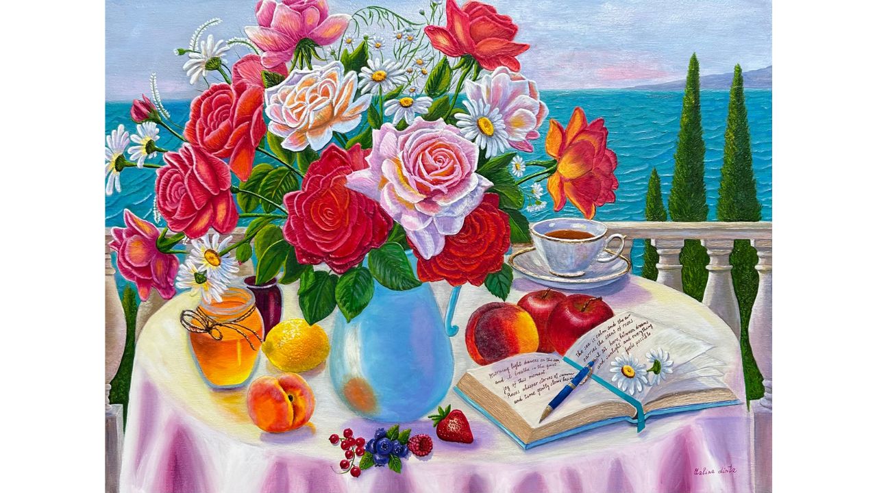 Where Roses Meet the Sea, original French Riviera floral still life oil painting by Galina Lintz with roses, flowers, fruit, tea, and Mediterranean sea view.