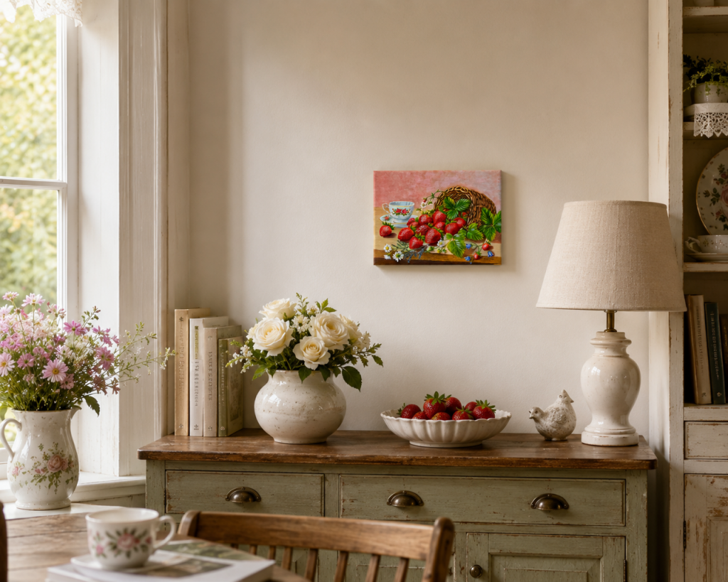 Still Life with Strawberries by Galina Lintz – original 3D textured oil painting featuring realistic strawberries, a woven basket, a vintage floral teacup, and delicate wildflowers. Watch the step-by-step painting process on YouTube.