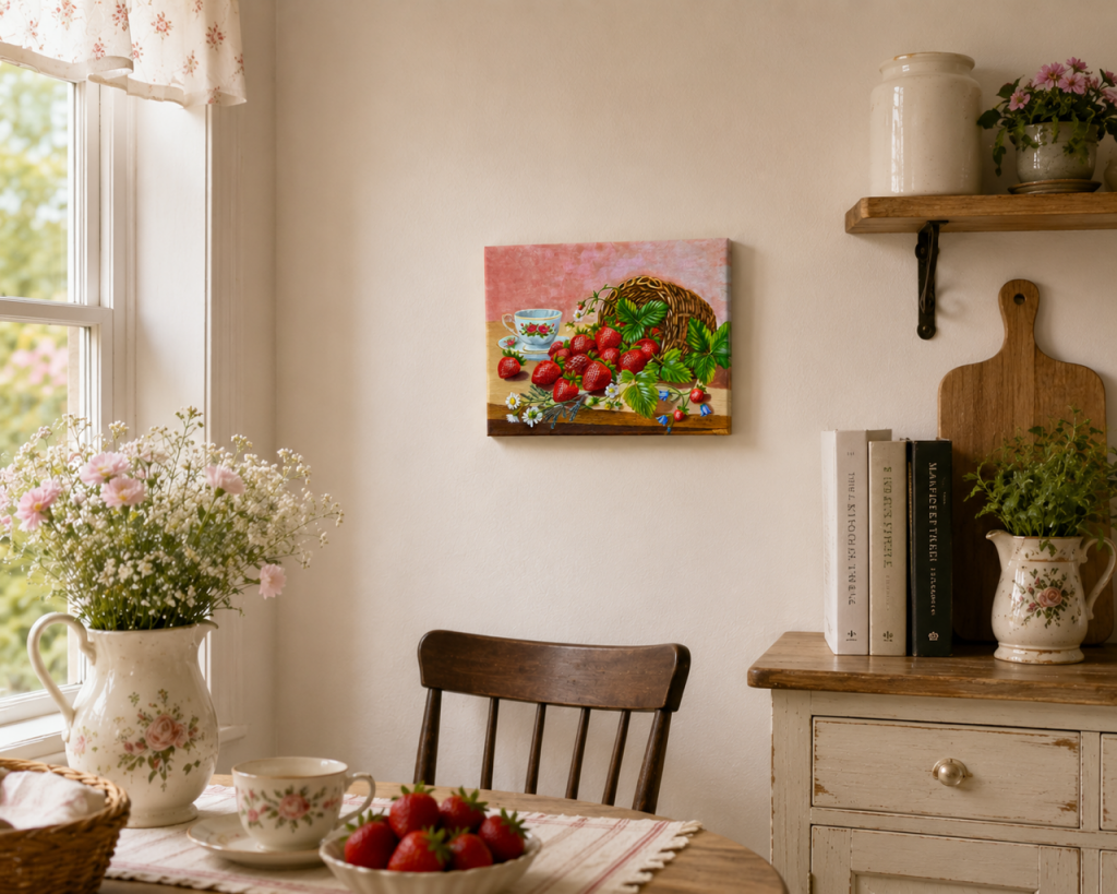 Still Life with Strawberries by Galina Lintz – original 3D textured oil painting featuring realistic strawberries, a woven basket, a vintage floral teacup, and delicate wildflowers. Watch the step-by-step painting process on YouTube.
