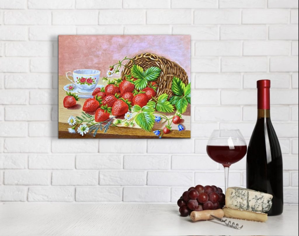 Still Life with Strawberries by Galina Lintz – original 3D textured oil painting featuring realistic strawberries, a woven basket, a vintage floral teacup, and delicate wildflowers. Watch the step-by-step painting process on YouTube.