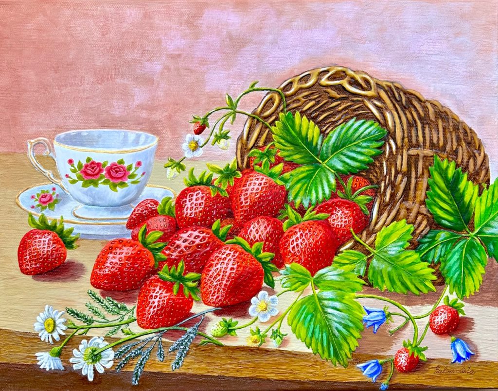 Original 3D textured oil on canvas painting of ripe strawberries from a wicker basket beside a vintage floral teacup with strawberry blossoms and wildflowers by Galina Lintz.