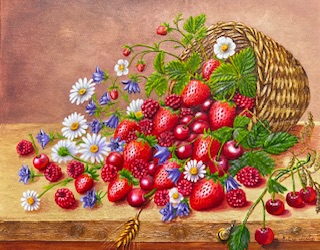 When Summer Overflows, original 3D textured oil painting on canvas by Galina Lintz featuring strawberries, raspberries, cherries, wildflowers, and a woven basket in a realistic still life composition.