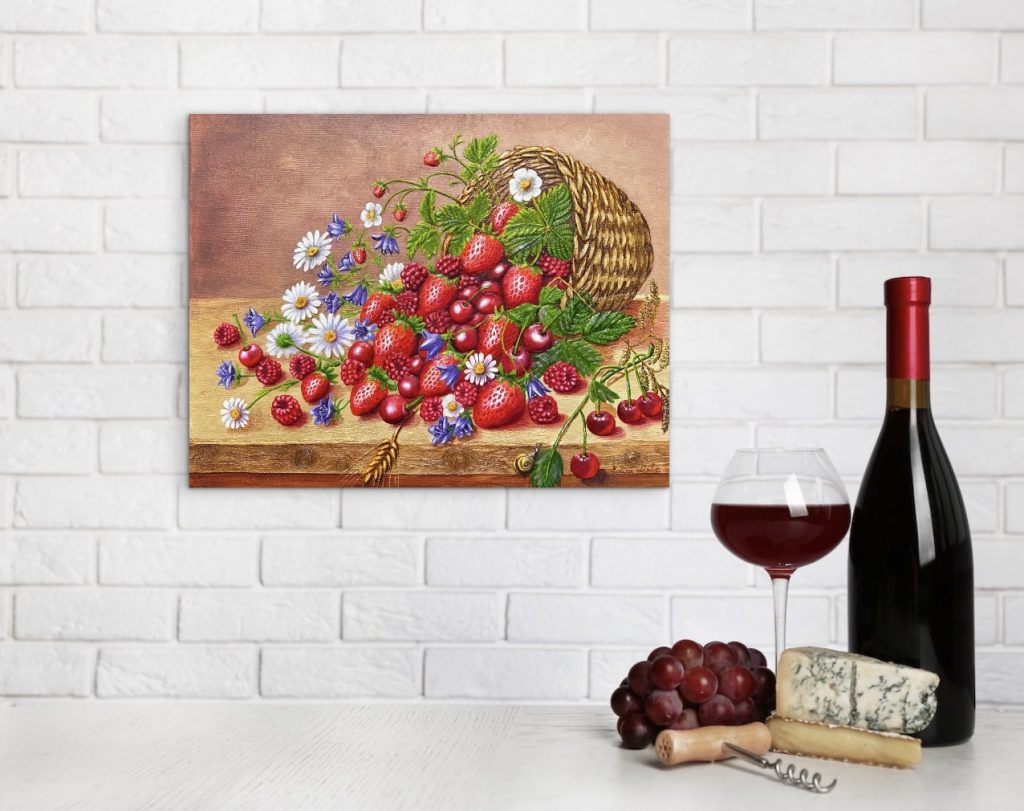 When Summer Overflows, original 3D textured oil painting on canvas by Galina Lintz featuring strawberries, raspberries, cherries, wildflowers, and a woven basket in a realistic still life composition.